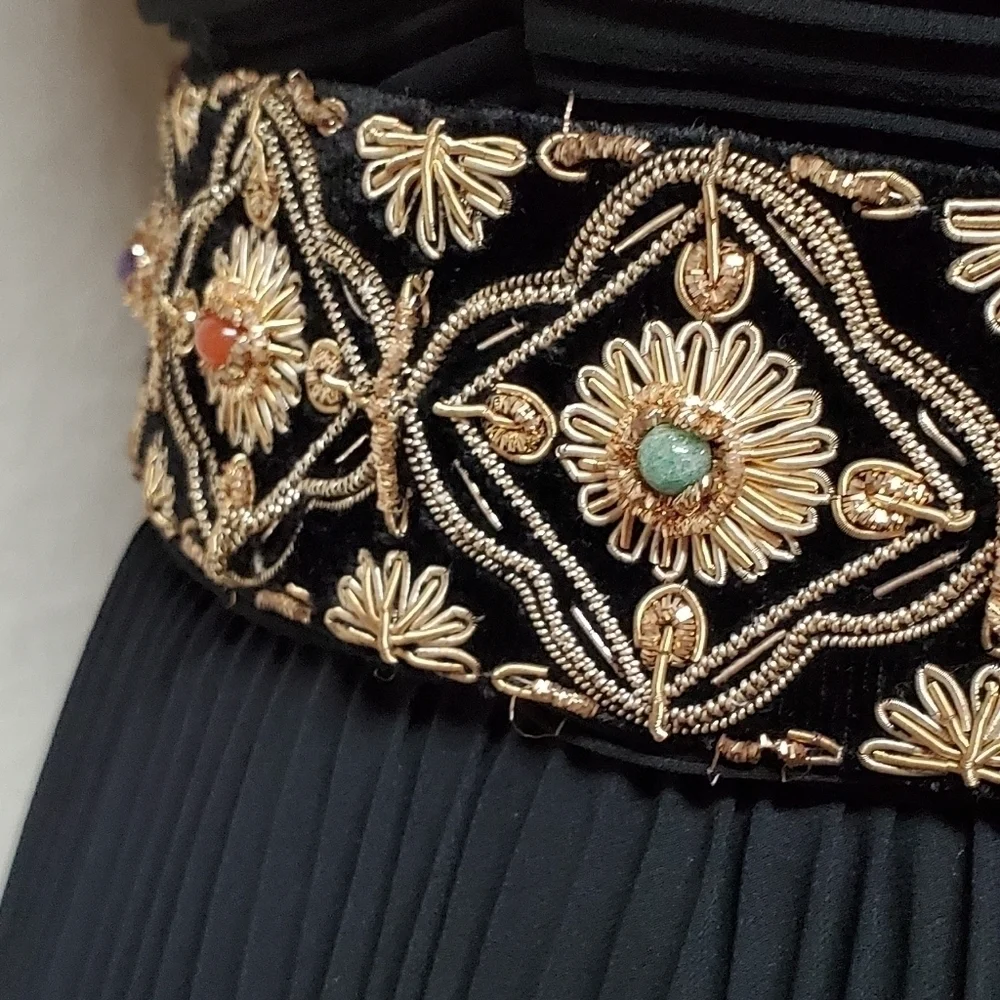 Vintage 80s Silk Gold Silver Metal Filigree Embroidered Tassle Tie-Waist Belt